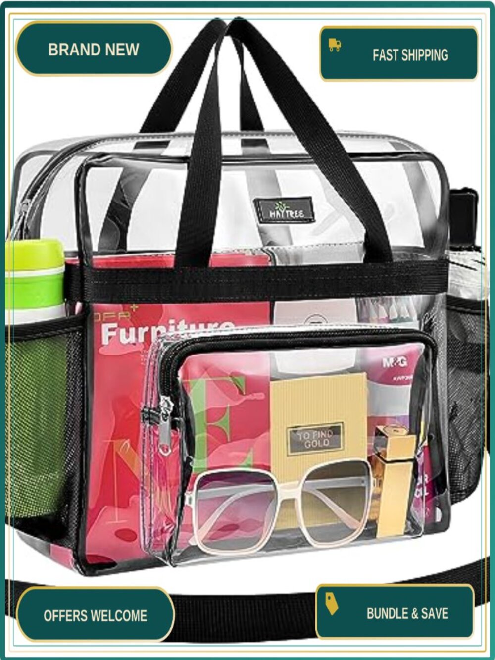 Clear Tote Bag 12x5.5x12 PVC Stadium Approved Zipper Work Gym